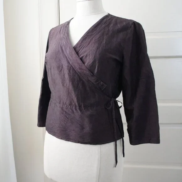 Dark Purple 100% Raw Silk Peplum Belted V Neck Top Size Small - Picture 4 of 12